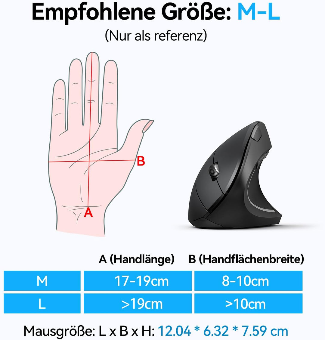 TECKNET Ergonomische Maus, Kabellose Bluetooth Vertikale Maus(BT 5.0+BT 3.0+2.4G), 6 Einstellstufen