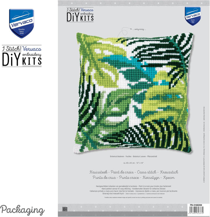 Vervaco Kreuzstichkissen Pflanzenblatt Kreuzstichpackung, Stramin, Weiss, 40 x 40 x 0,3 cm
