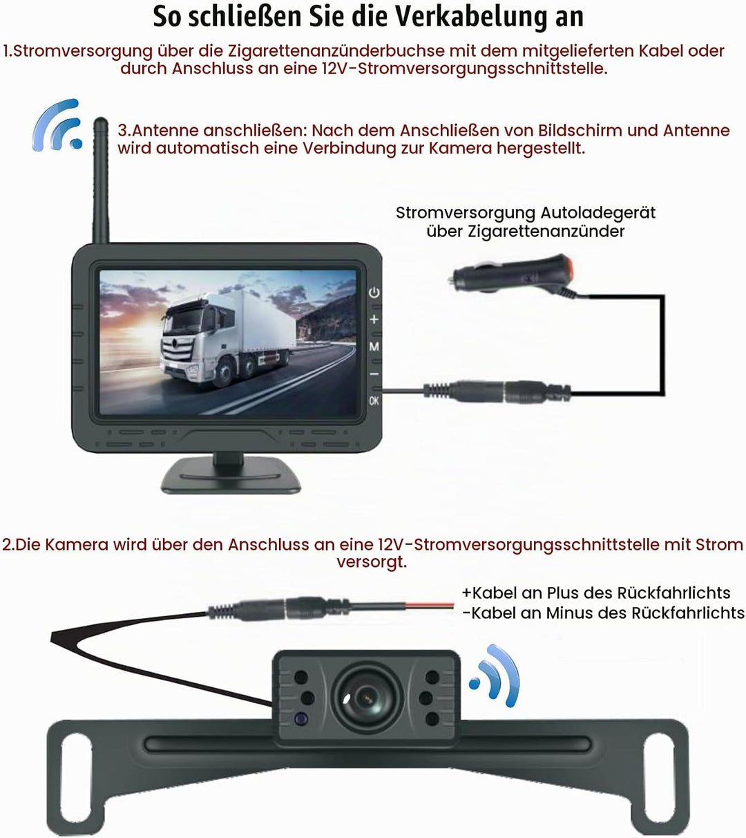 CAMECHO HD Rarückfahrkamera kabellos 4,3 Zoll Wireless-Übertragung, IP68-Wasserdichtigkeit, Infrarot