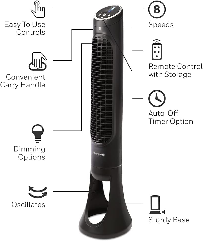 Honeywell QuietSet Tower (8 Geschwindigkeitseinstellungen, Oszillation 80°, Timer-Funktion, Fernbedi