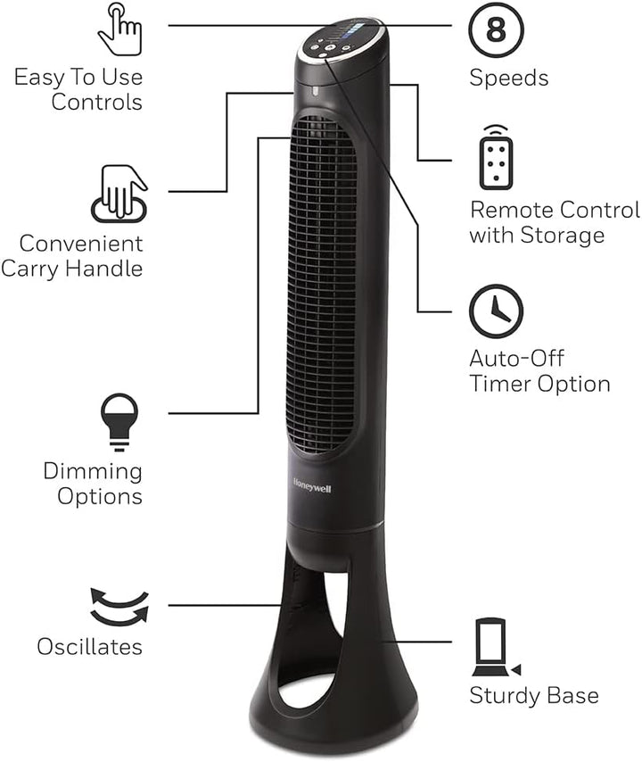 Honeywell QuietSet Tower (8 Geschwindigkeitseinstellungen, Oszillation 80°, Timer-Funktion, Fernbedi
