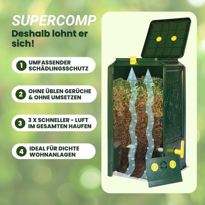 SUPERCOMP Schnellkomposter 350L - Komplett-Schädlingsschutz rundum Dichtungen und Gitter, geruchsarm