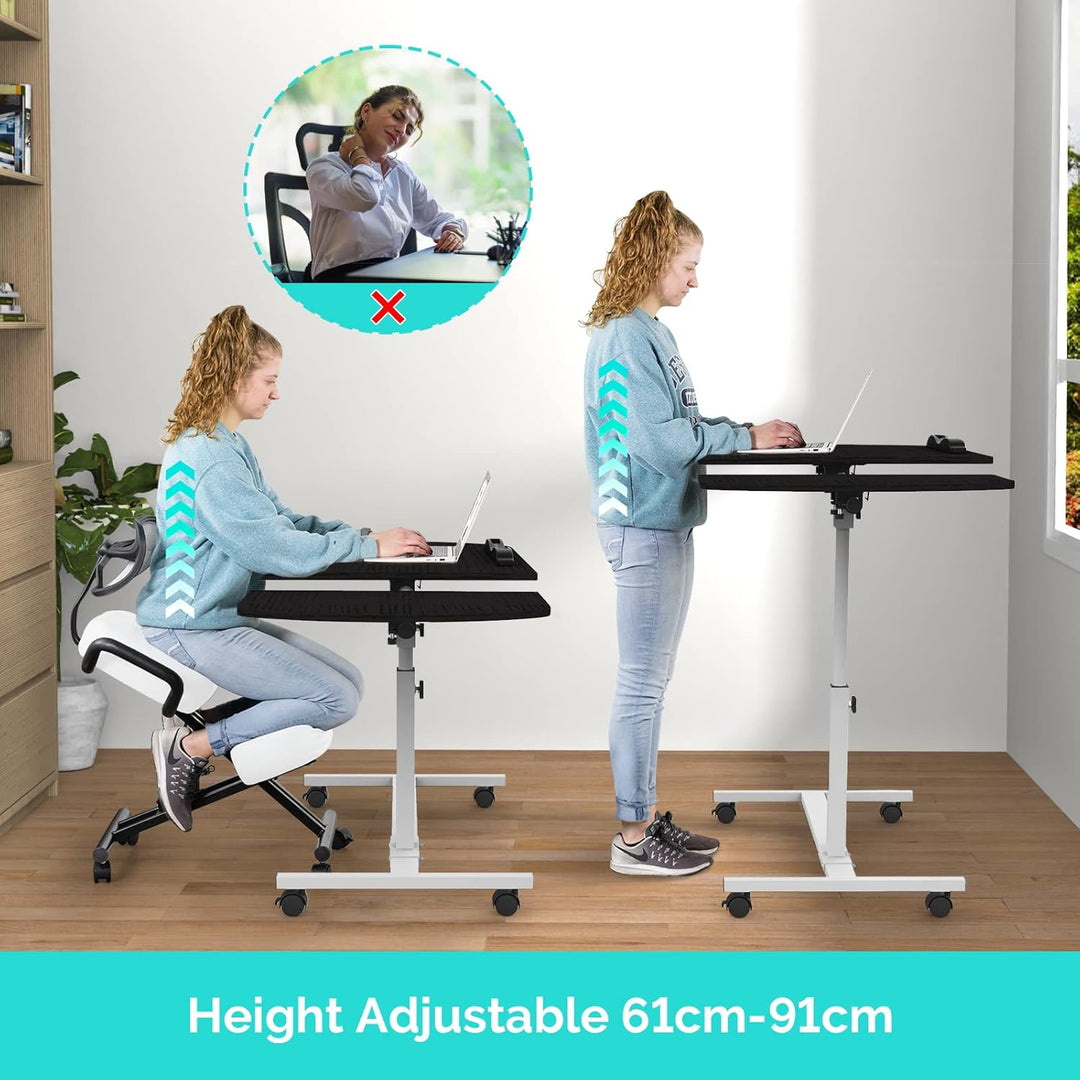 Laptoptisch Höhenverstellbar 61-91 cm, 60×40cm Mobiler Stehtisch mit 4 Rollen & 2 Stopp-Leisten, Übe