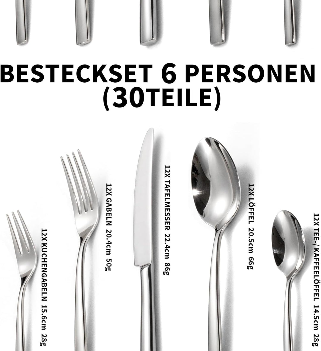 Alata Konrad 18/10 Edelstahl Poliert, Besteck Set 6 Personen, Essbesteck 30 teilig, Monobloc-Messer,