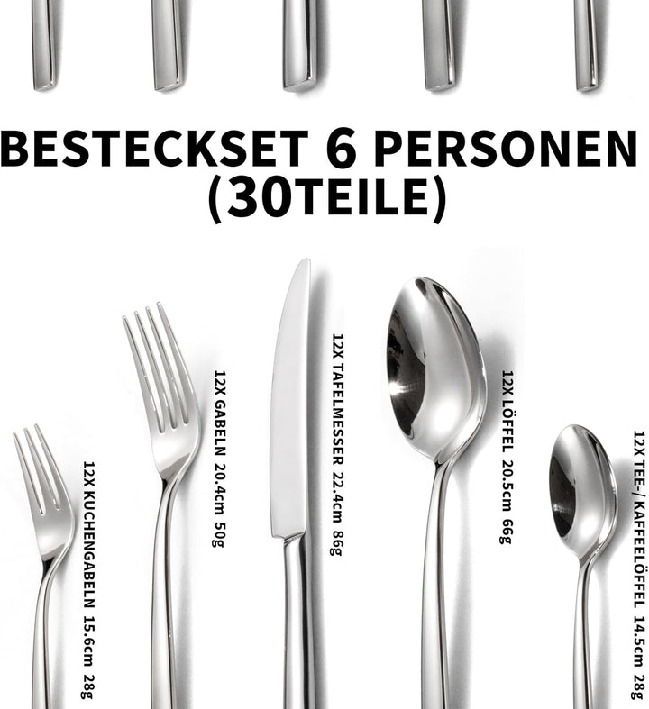 Alata Konrad 18/10 Edelstahl Poliert, Besteck Set 6 Personen, Essbesteck 30 teilig, Monobloc-Messer,
