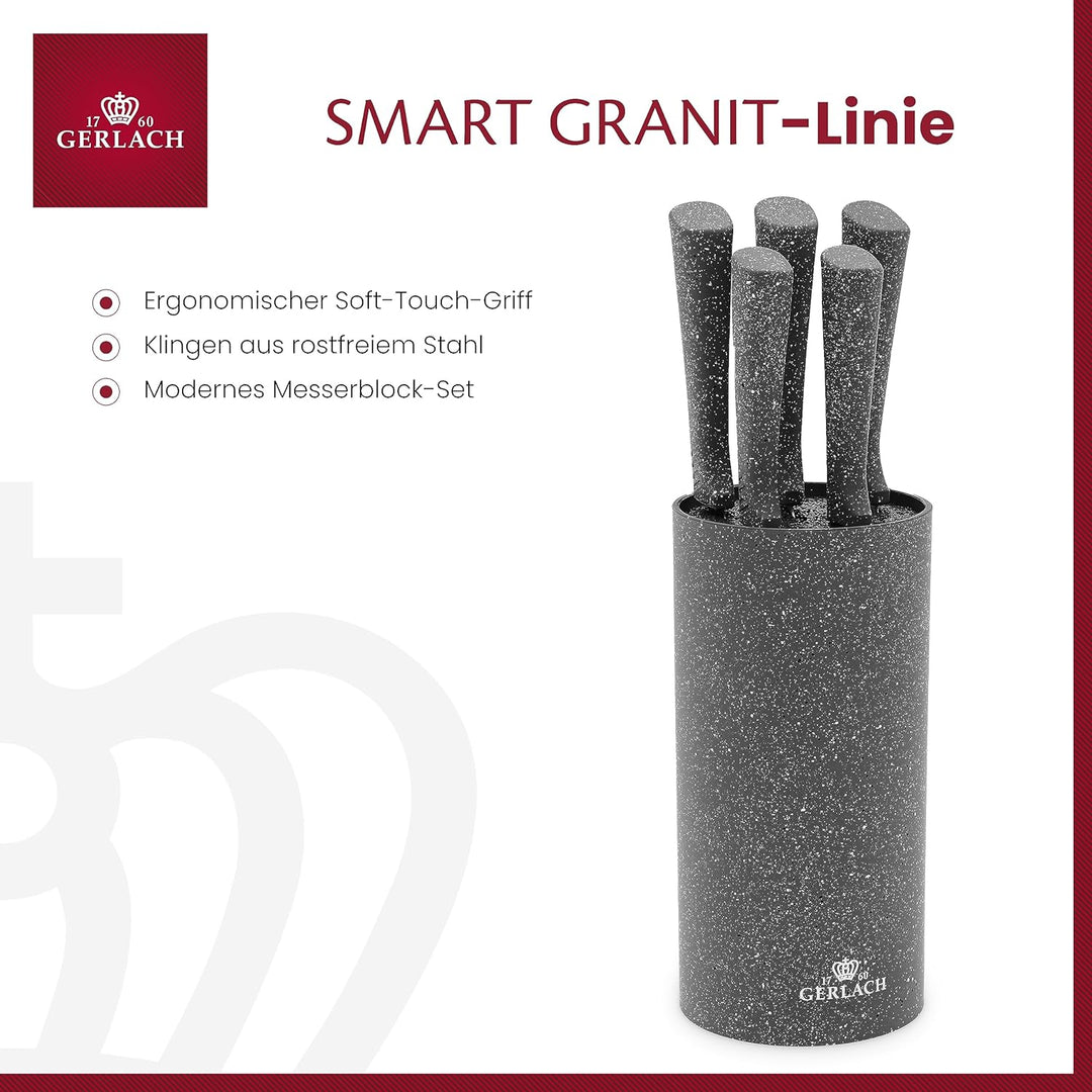 GERLACH Smart Stainless Steel X30Cr13 Bloc de 5 couteaux Finition satinée Granite Toucher doux