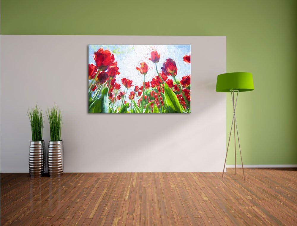Tulpenfeld Pinsel Effekt, Format: 100x70 auf Leinwand, XXL riesige Bilder fertig gerahmt mit Keilrah
