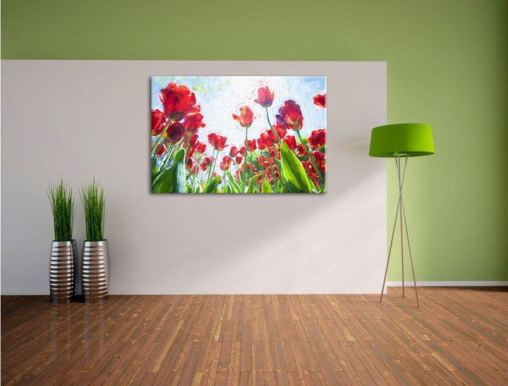 Tulpenfeld Pinsel Effekt, Format: 100x70 auf Leinwand, XXL riesige Bilder fertig gerahmt mit Keilrah
