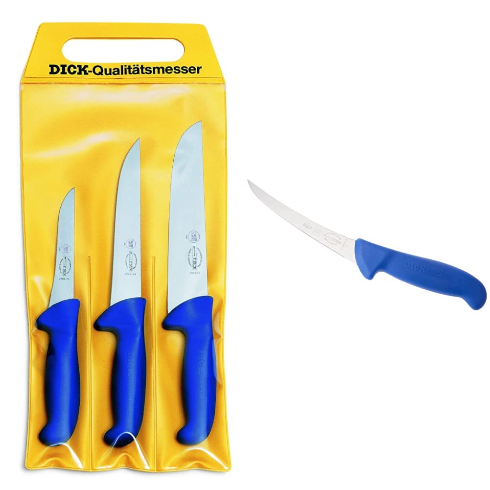 F. DICK Messer Set ErgoGrip 3-teilig, 8255300, Blau & Ausbeinmesser, ErgoGrip, flexibel (Messer mit