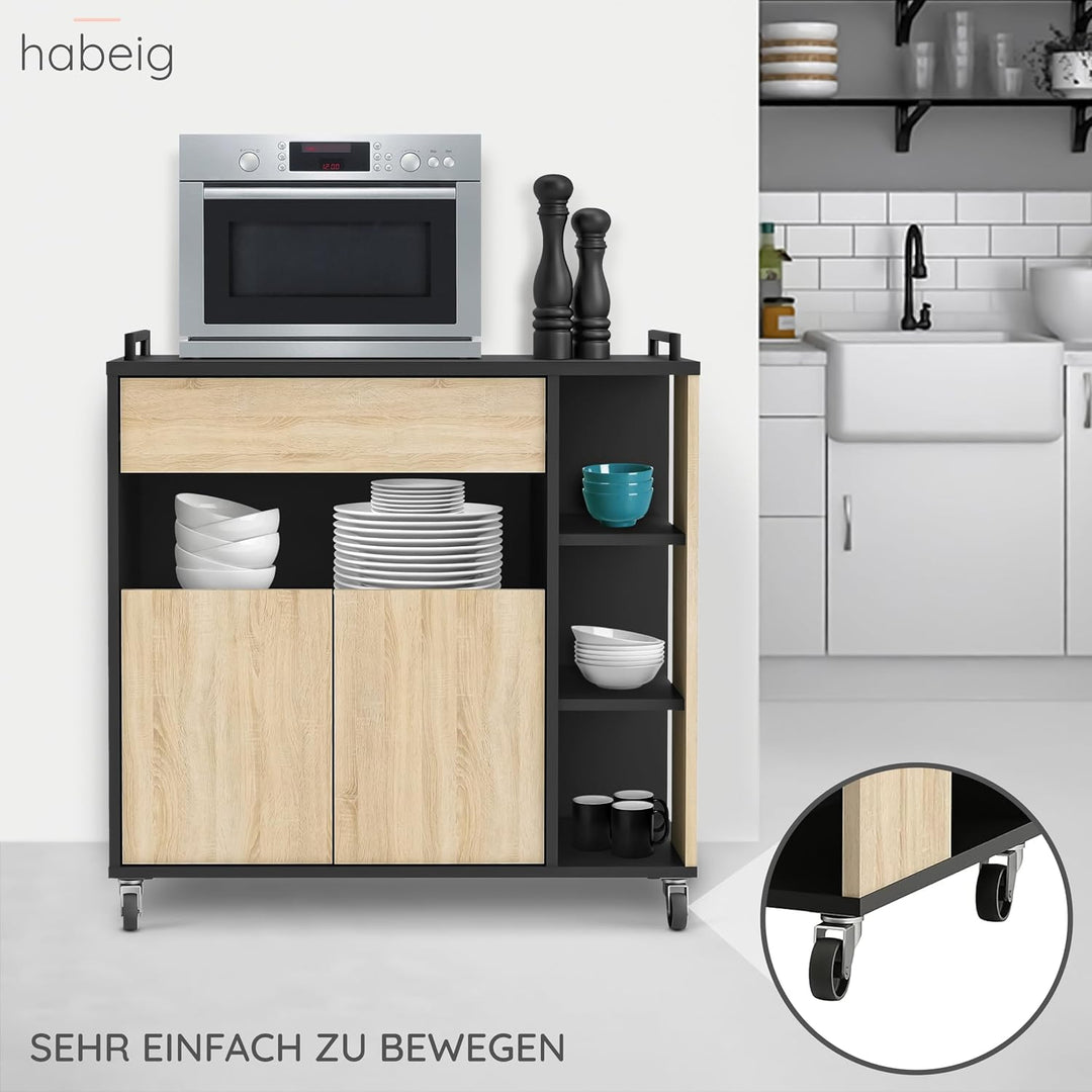 habeig Küchenwagen Küchenschrank Eiche Schwarz mit schwarz Küchentrolley Schublade Holz Rollen Küche