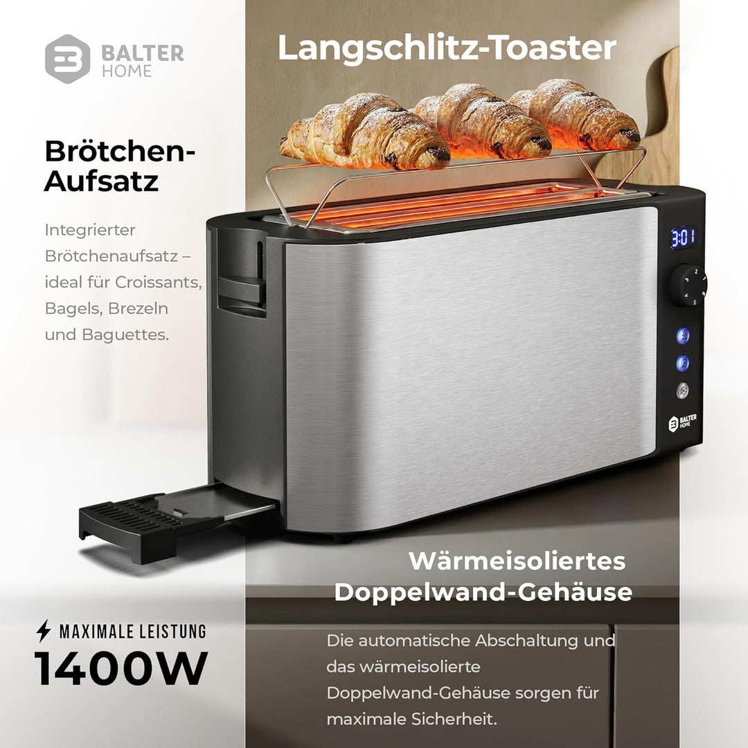 Balter Toaster 4 Scheiben, Langschlitz, Edelstahl, Brötchenaufsatz, LCD Display mit Restzeitanzeige,