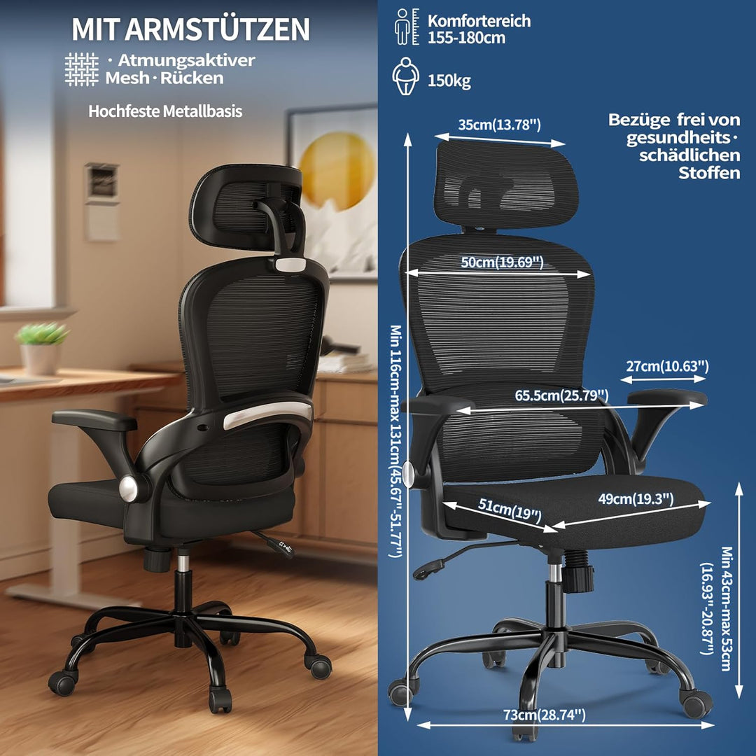 TRALT Ergonomischer Bürostuhl - Schreibtischstuhl mit Verstellbare Kopfstütze Höhenverstellbarer Bür