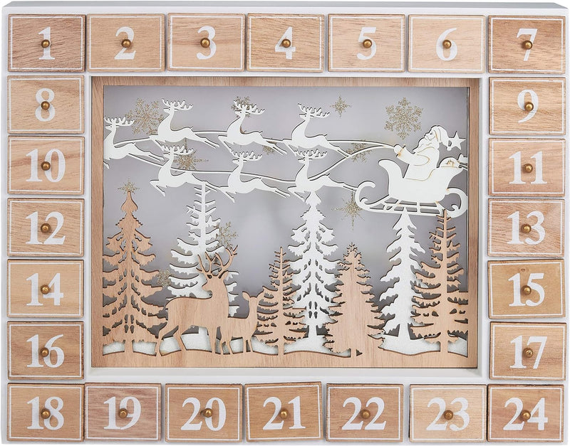 BRUBAKER Adventskalender aus Holz zum Befüllen - Fliegender Weihnachtsmann mit LED-Beleuchtung - Wie