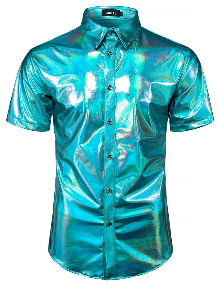 JOGAL Herren Metallic Glänzend Bronzing Nachtklub Party Hemd Blau Schimmern M, Blau Schimmern M