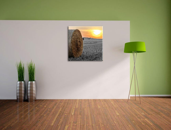 Pixxprint Strohballen auf Feld als Leinwandbild/Grösse: 70x70 cm/Wandbild/Kunstdruck/fertig bespannt