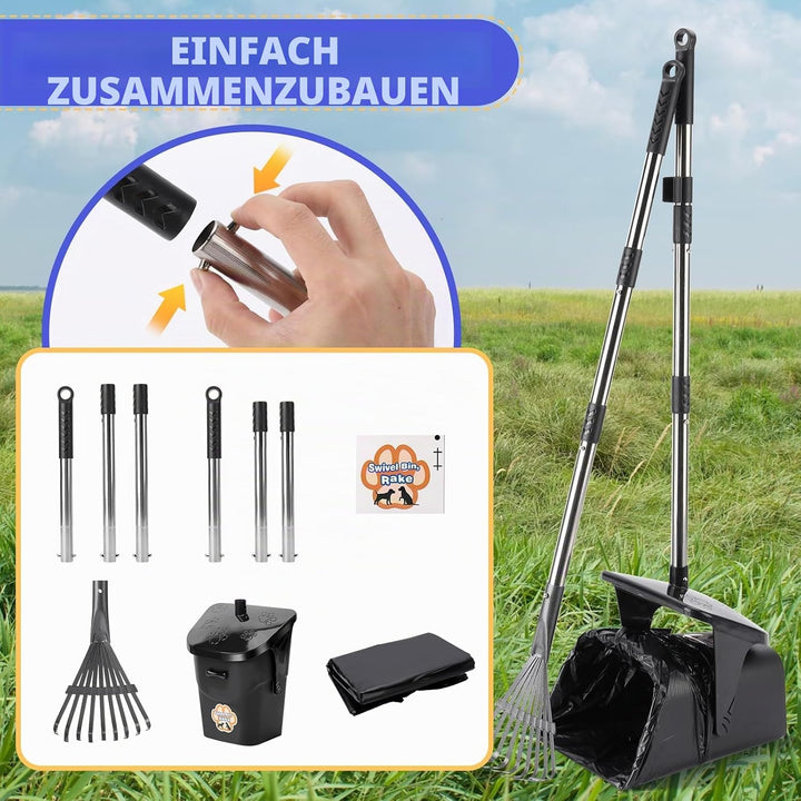 Hundekot Schaufel Set mit Drehbarem Eimer, Rechen und 20 Beuteln – Langer Griff, Kotaufheber für Gar