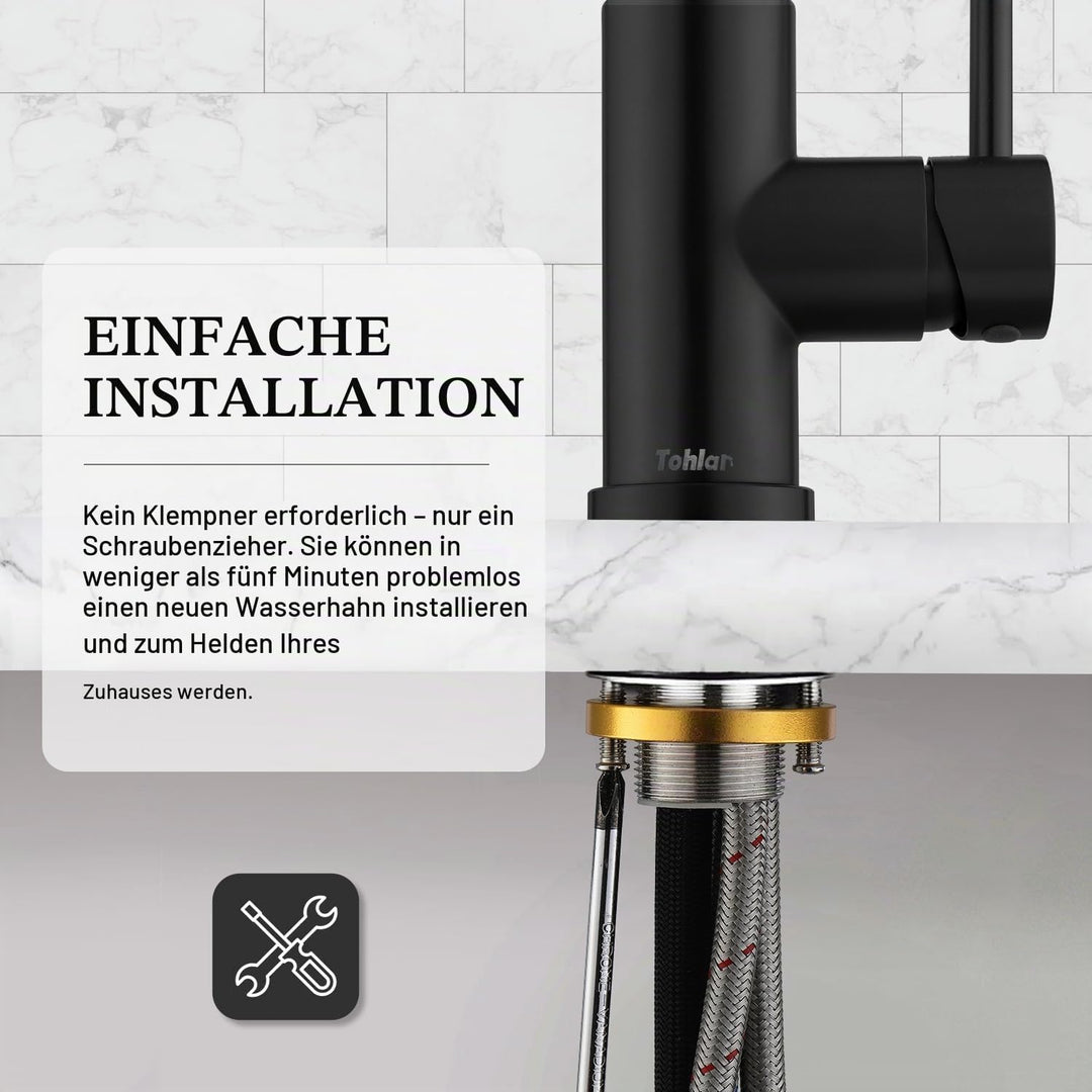 Tohlar Wasserhahn Küche Schwarz, Edelstahl Küchenarmatur, 360° Schwenkbar Spültischarmatur mit Braus