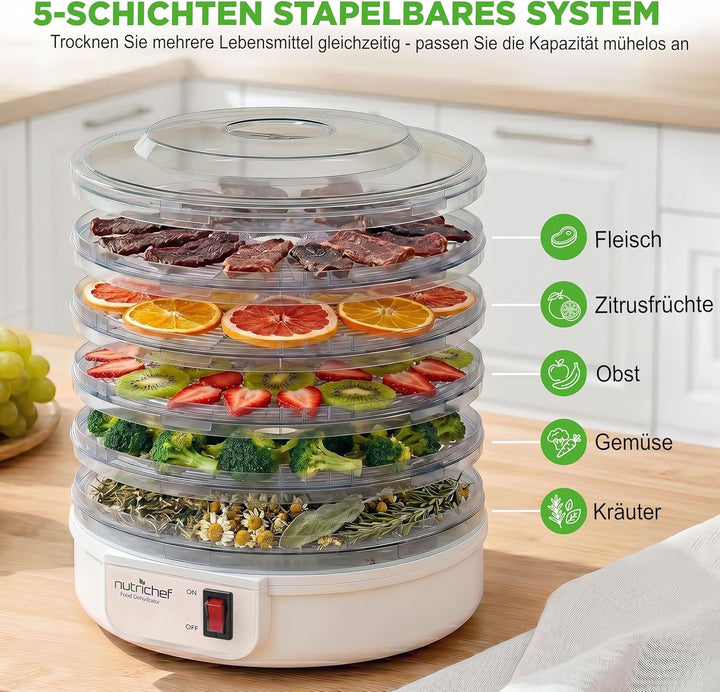 Nutrichef Dörrautomat 5 Einschübe | Dörrgerät für Fleisch, Beef Jerky, Obst, Gemüse & Hundeleckerlis