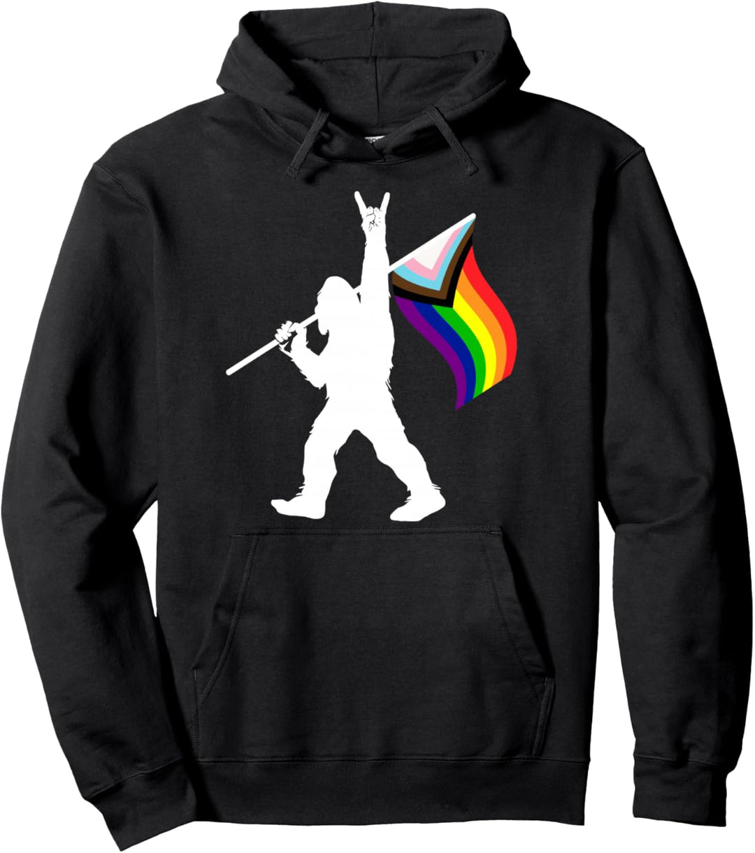 Bigfoot Rock On LGBTQ Progressive New Pride Flag Pullover Hoodie