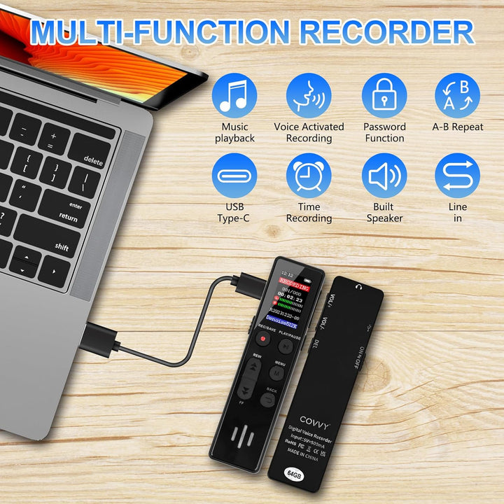 64 GB digitales Diktiergerät, COVVY Sprachaktivierter Rekorder, tragbarer Sound-Recorder mit Wiederg