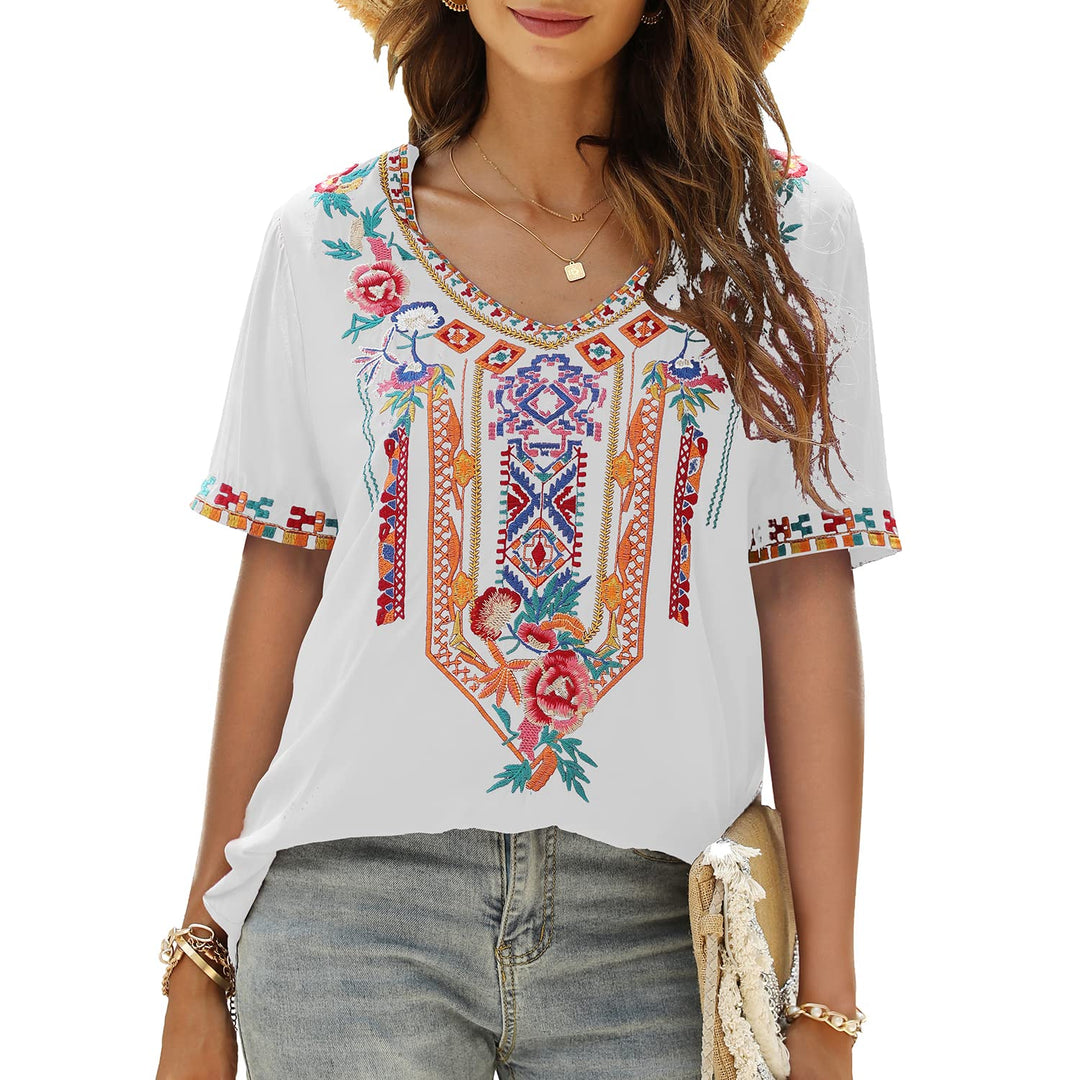 Seasonal Tunika Damen Sommer Boho Bluse Folklore Stickerei Oberteil Trachten Hippie Kleidung Kurzarm