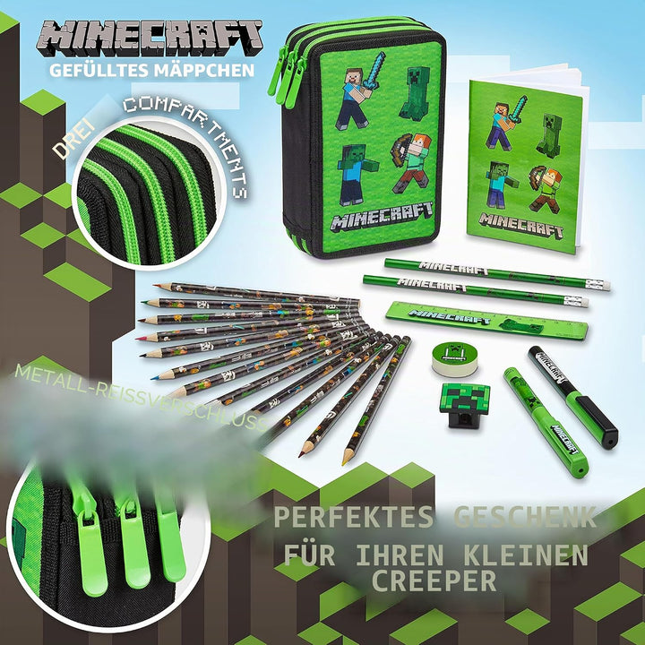 Minecraft Federmäppchen Jungen und Mädchen Mäppchen Gefüllt Creeper Federmappe mit Schreibwaren Game