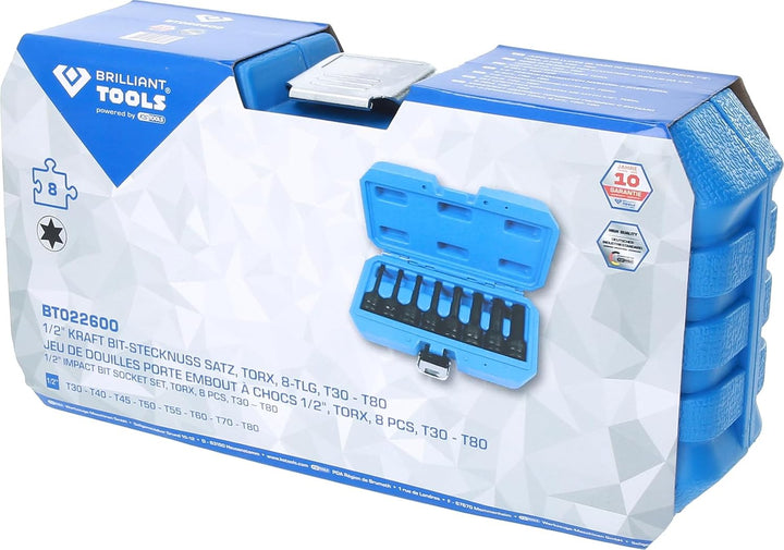 BRILLIANT TOOLS BT022600 1/2" Kraft Bit-Stecknuss Satz, Torx, T30-T80 8-TLG. [Powered by KS Tools]