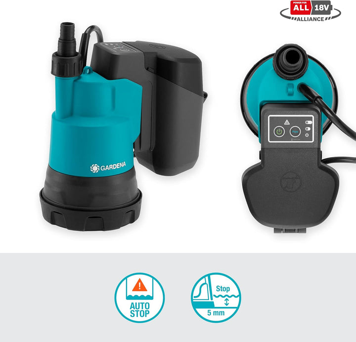 Gardena Akku-Klarwasser-Tauchpumpe 2000/2 18V P4A ohne Akku: Flachsaugende Akku-Tauchpumpe, integrie
