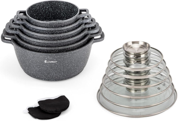 EliteHoff Kochtopf Set Induktion, Topf aus Aluminiumguss mit Antihaftbeschichtung, Topfset mit Glasd