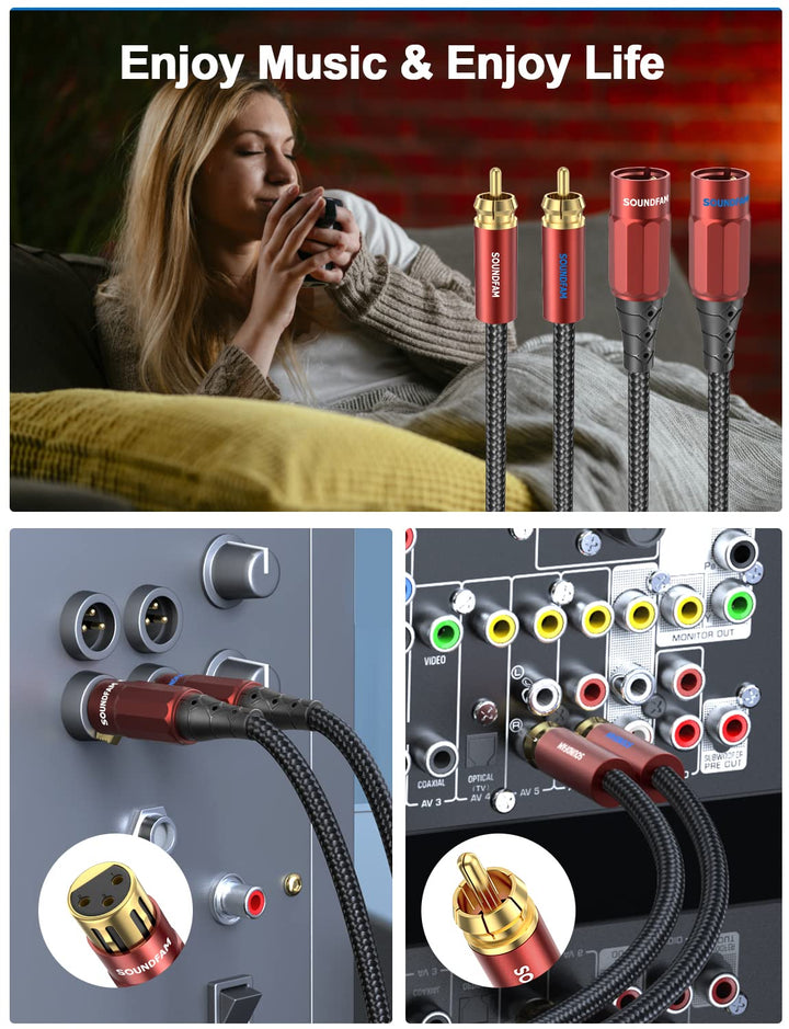 SOUNDFAM XLR auf Cinch Kabel 8M, PREMIUM 2 XLR Buchse zu 2 RCA Stecker Audio Verbindungskabel, 2-RCA