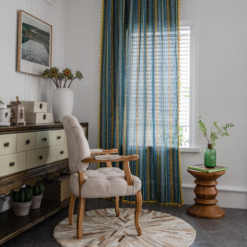 Freyamy Vorhang 160x150cm Boho Bunt Blau Baumwolle Leinen Landhausstil Vintage Vertikale Streifen Bl