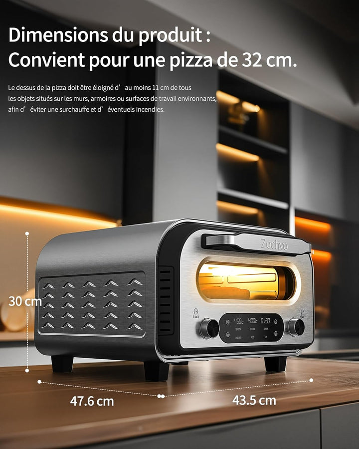 Pizzaofen Elektrisch – 450°C für 90Sek. Pizza, 5 Programme + DIY, LED Touchscreen & Drehregler, inkl