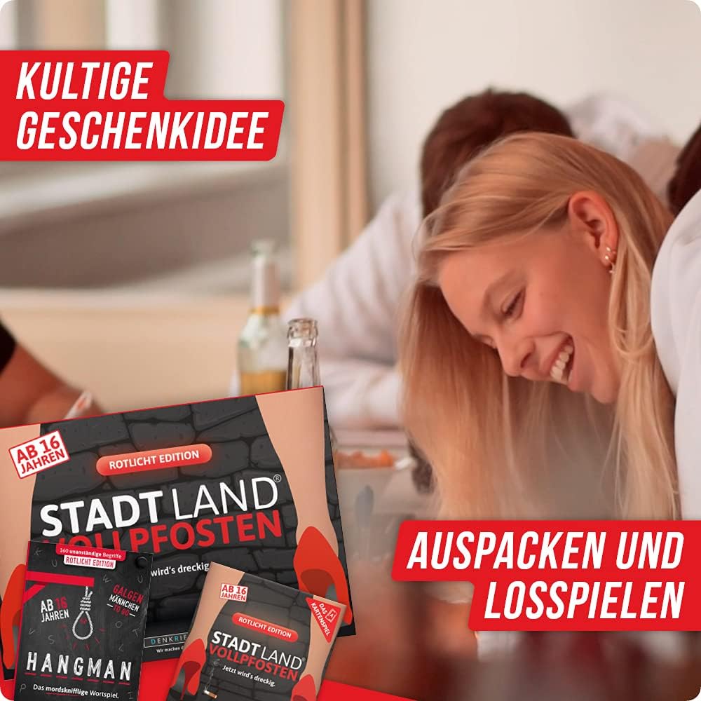 DENKRIESEN - Trio Rotlicht Edition - Stadt Land VOLLPFOSTEN® - Spielblock + Kartenspiel + Hangman Ga