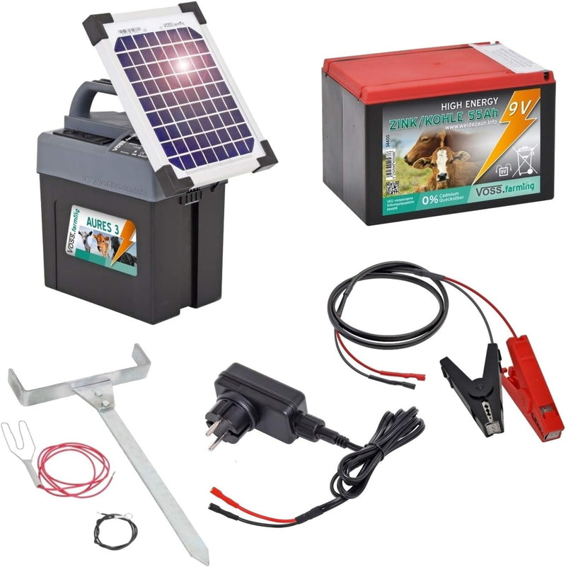 Voss.Farming Aures 3 Solarset Komplettset Weidezaungerät inkl. Solar, 9V 12V Anschluss sowie Batteri