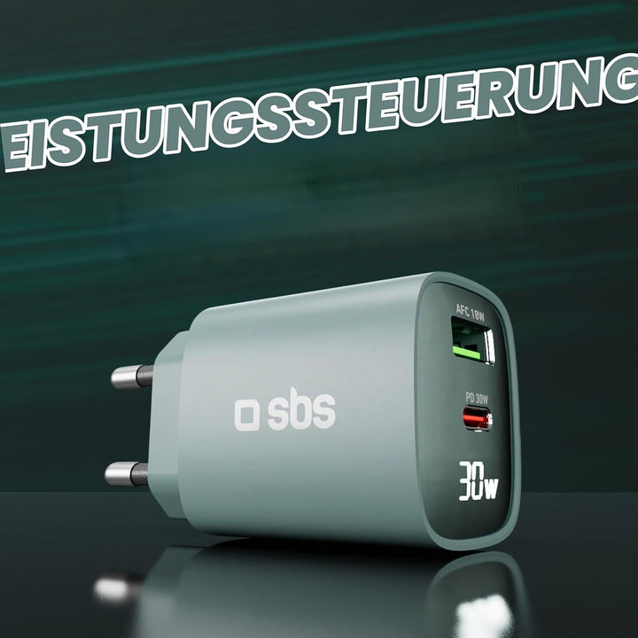 SBS Mehrport-Ladegerät 30W mit LCD, 1 USB-C-Anschluss und 1 USB-A-Anschluss, EU-Stecker, Power Deliv