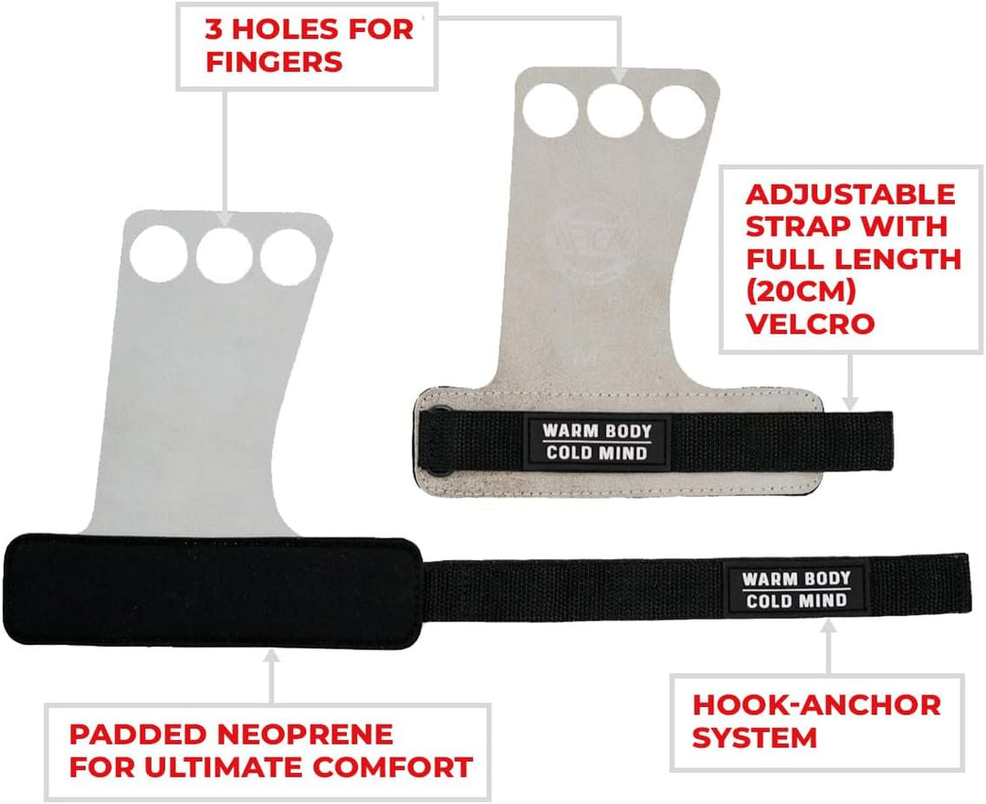 WARM BODY COLD MIND Leder Hand Grips - 3-Loch Handschuhe für Gewichtheben, Gymnastik, Crossfit, Pull