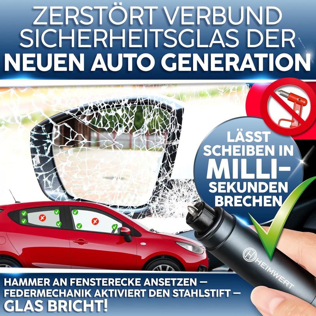 Notfallhammer Gurtschneider - Notfall Hammer mit Testglas zum Üben - Zerstört insbesondere Verbund S