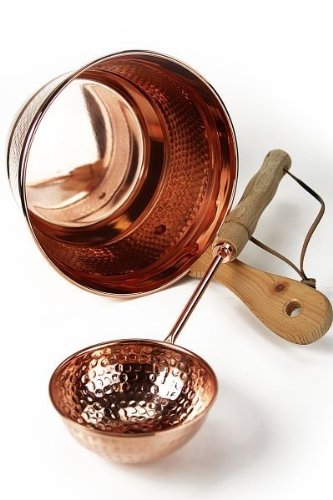 CopperGarden Saunaeimer aus blankem Kupfer mit Schöpfkelle I Schwalleimer mit Wandhalterung aus Holz