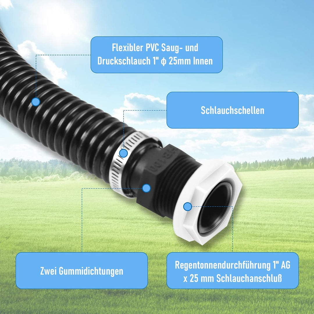 1 Zoll (25mm) Regentonnen Verbindungsset inkl. 100cm Verbindungsschlauch und 2 Schlauchstutzen 25mm