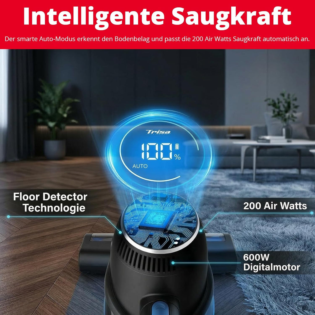 Trisa Akku Staubsauger Kabellos 600W, 200 Air Watts Saugkraft, 80 Min Laufzeit, Automatische Bodener