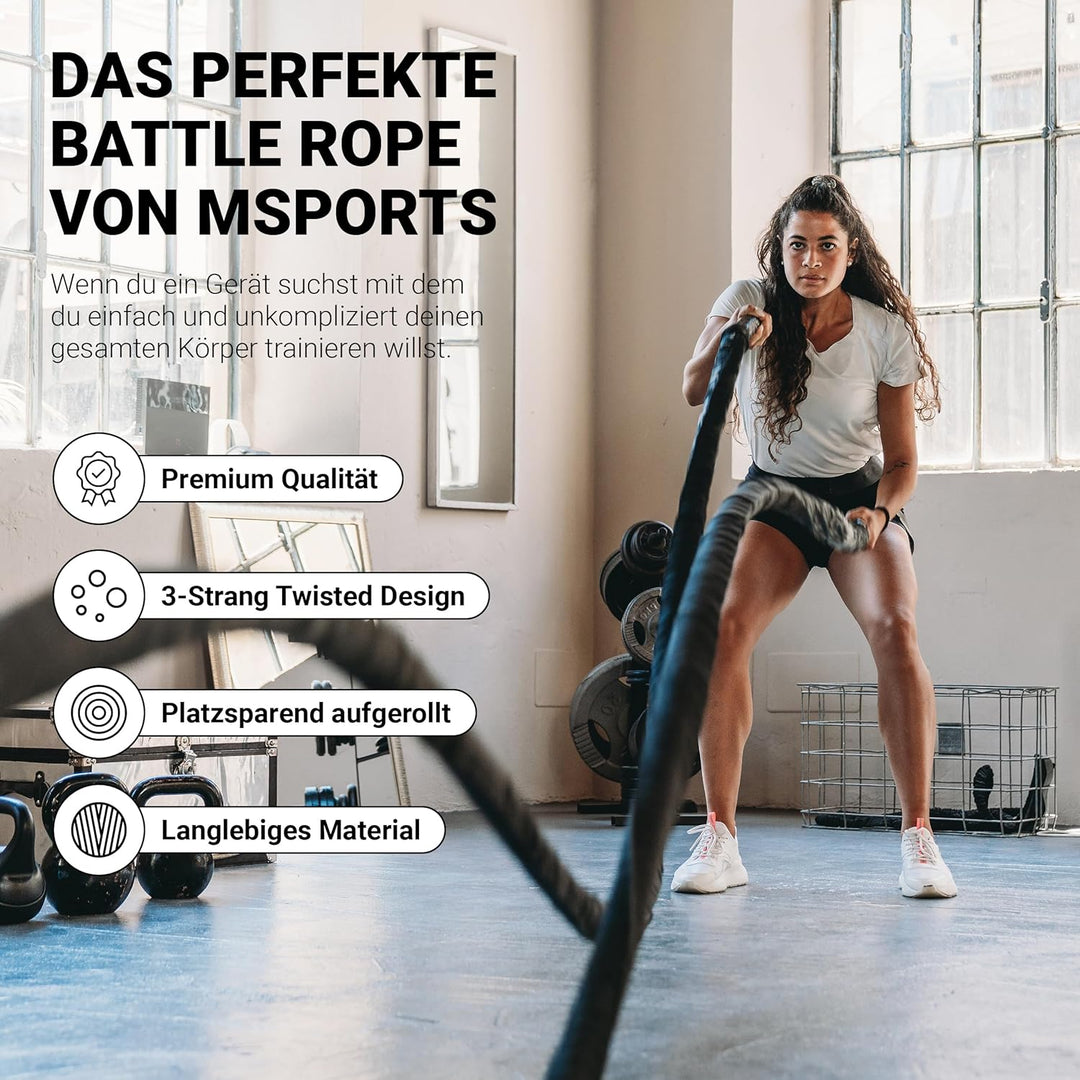 MSPORTS Battle Rope Professional Studio Qualität | Länge: 15 m | Durchmesser: 5 cm | Trainingsseil S