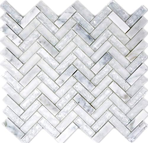 Mosaik Fliese Transluzent weiss Fischgrät Glasmosaik Crystal Stein für WAND BAD KÜCHE FLIESENSPIEGEL