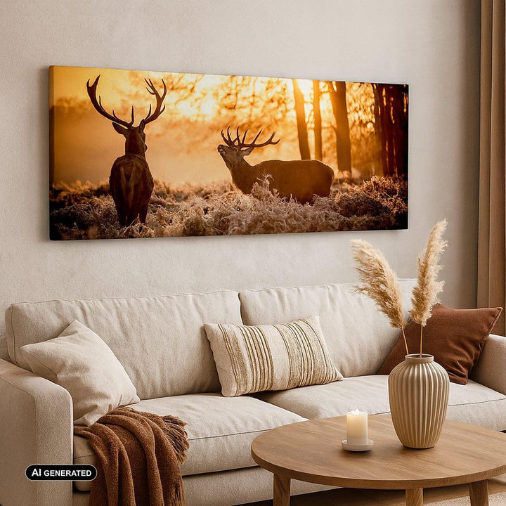 Wandbilder Dekoration Wohnzimmer Deer Heidekraut Tier Panorama Bilder auf Leinwand 120x50cm Leinwand