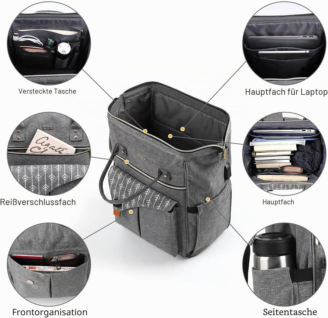 Rucksack Damen, Schulrucksack mit USB-Ladeanschluss, 15,6 Zoll Laptop Arbeits Rucksack, lässiger Tag