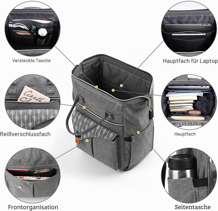 Rucksack Damen, Schulrucksack mit USB-Ladeanschluss, 15,6 Zoll Laptop Arbeits Rucksack, lässiger Tag