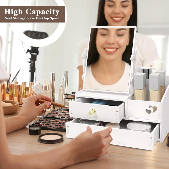 LEcylankEr Schminktisch Organizer mit 360° Spiegel und Schublade, Kosmetik Organizer aus PVC Weiss,