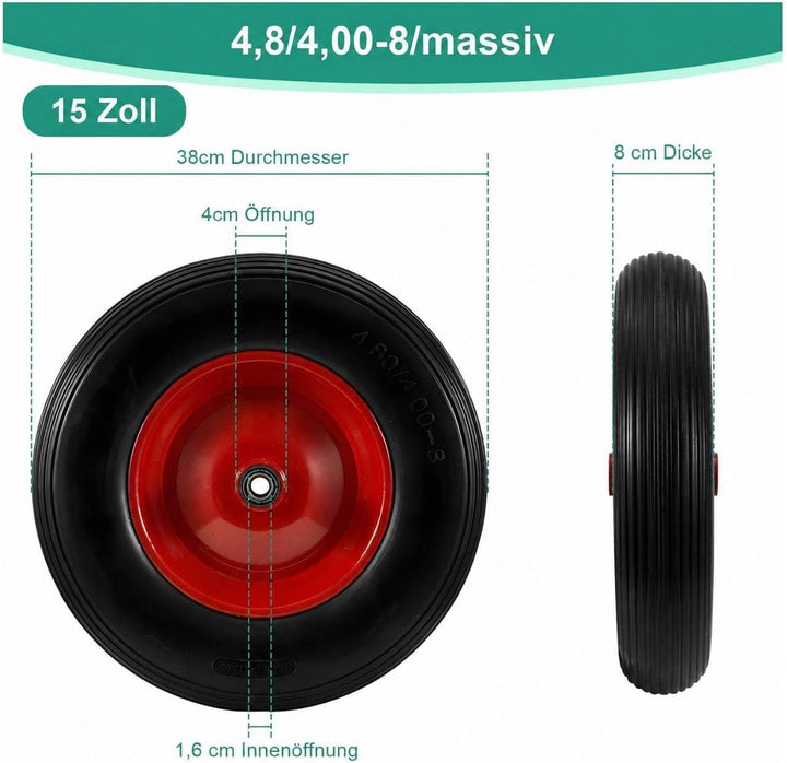 Schubkarrenrad 4.80/4.00-8 PU Vollgummi 15 Zoll – Pannensicheres Ersatzrad für Schubkarre, Gartenkar