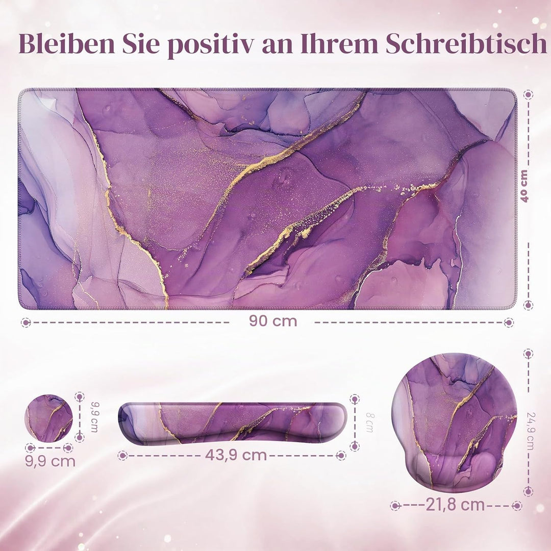 iCasso Schreibtischmatte, Gaming-Mauspad, Handgelenkstützen-Set, 4-in-1 XXL, Computer, lila Marmor 1