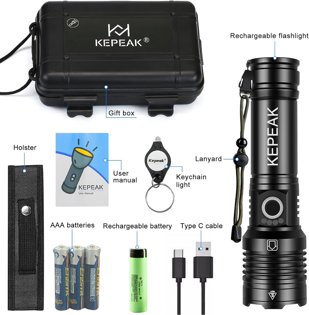 KEPEAK 5000 Lumen Led Taschenlampe Koffer-Set Ideal für Outdoor Camping, Extrem Hell Taschenlampe Le