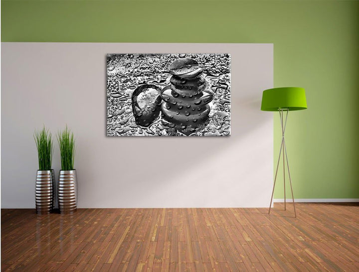 Pixxprint Zensteinturm im Regen als Leinwandbild/Grösse: 100x70 / Wandbild/Kunstdruck/fertig bespann